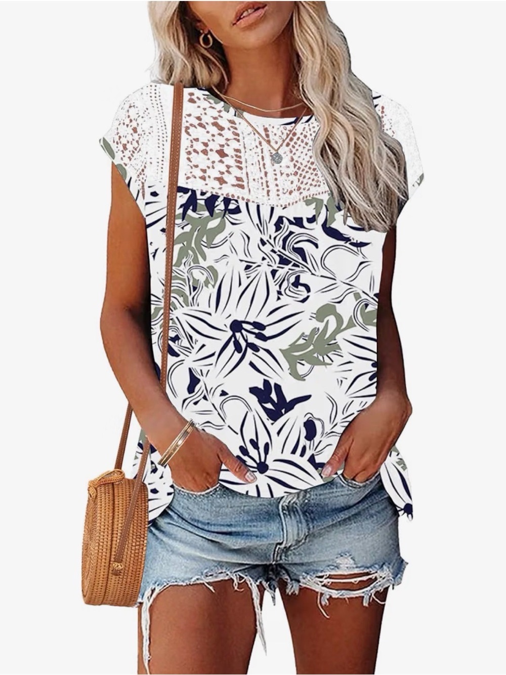 Lace Yoke Floral Print Top - White/Navy/Olive